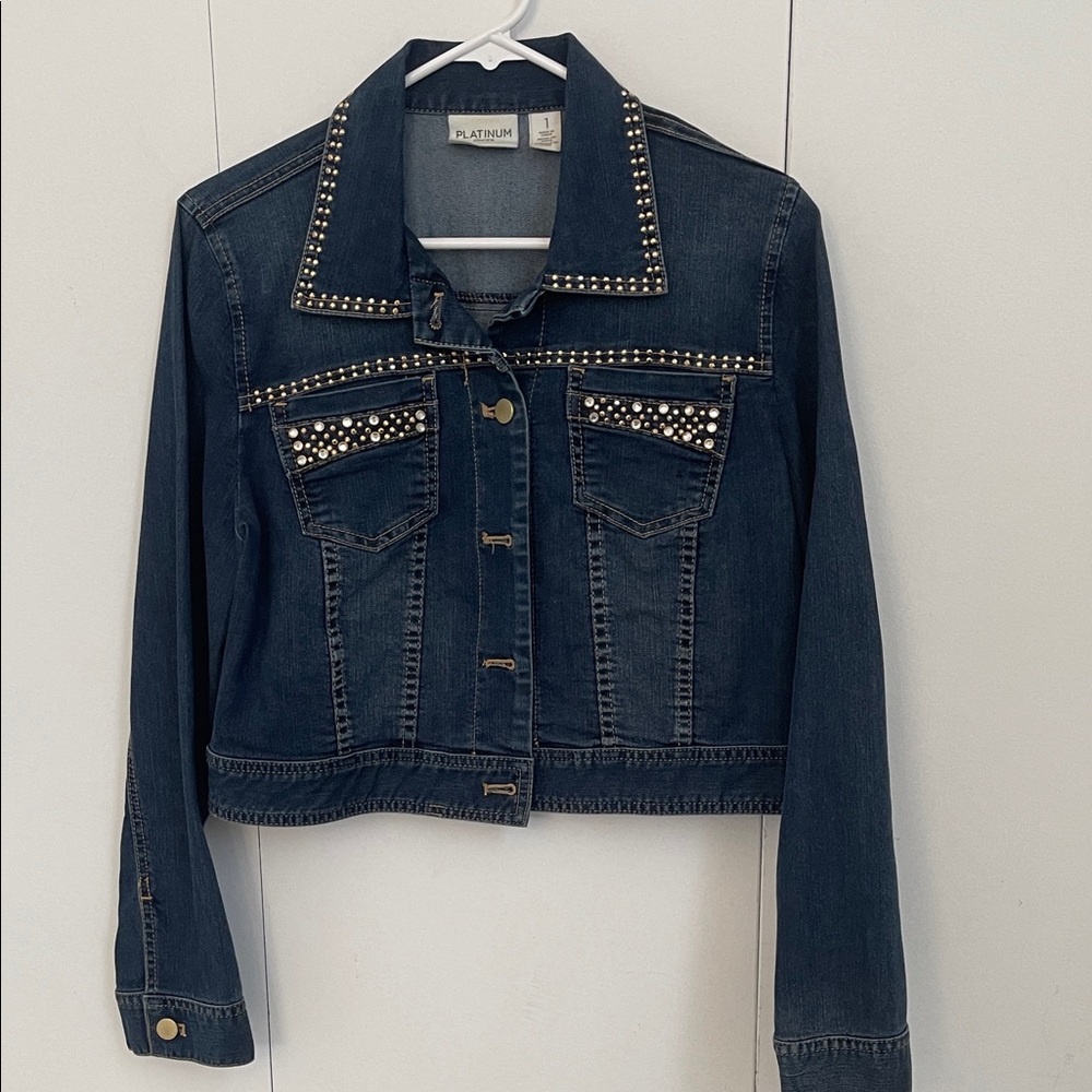 Chico's Dark Blue Studded Bedazzled Jean Jacket